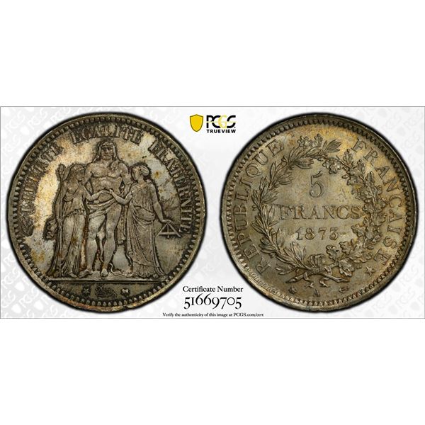FRANCE: Third Republic, AR 5 francs, 1873-A, PCGS MS64