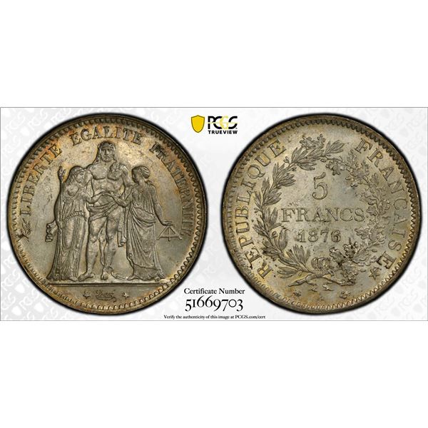 FRANCE: Third Republic, AR 5 francs, 1876-A, PCGS MS63
