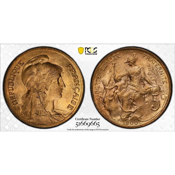 FRANCE: Third Republic, AE 5 centimes, 1900, PCGS MS64 RD