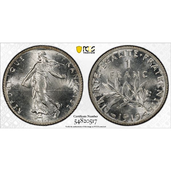 FRANCE: Republic, AR 1 franc, 1919, PCGS MS64