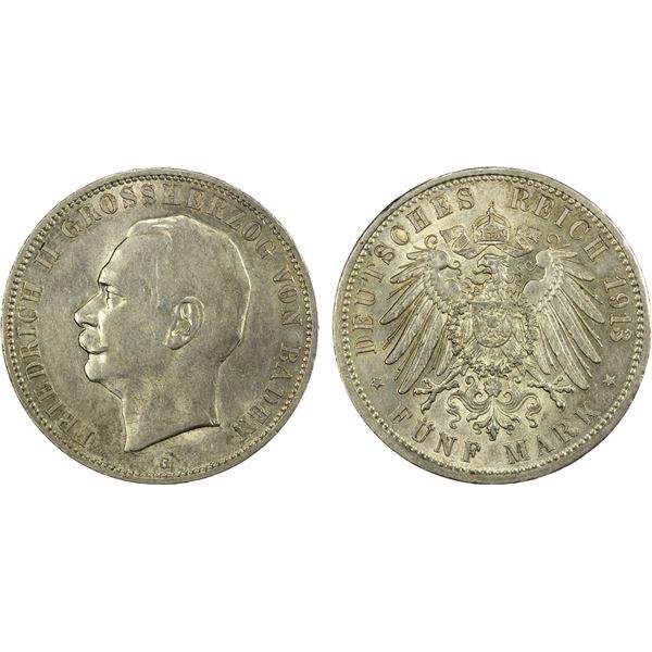 BADEN: Friedrich II, 1907-1918, AR 5 mark, 1913-G, Choice XF