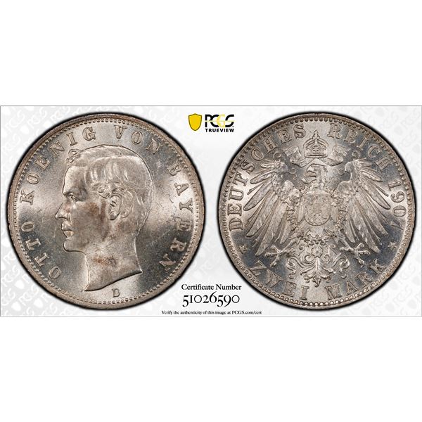 BAVARIA: Otto I, 1886-1913, AR 2 mark, 1907-D, PCGS AU58