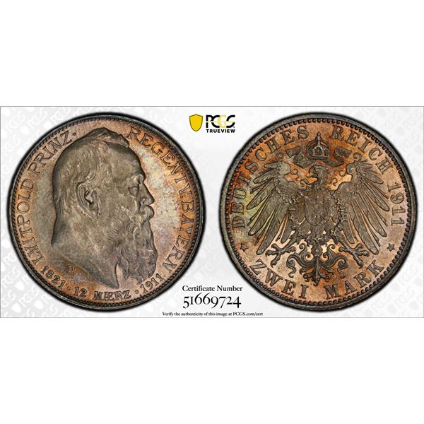 BAVARIA: Otto I, 1886-1913, AR 2 mark, 1911-D, PCGS MS65