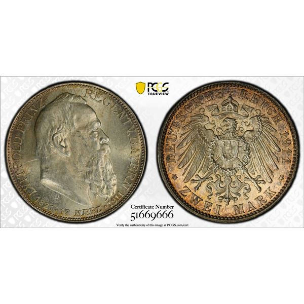 BAVARIA: Otto I, 1886-1913, AR 2 mark, 1911-D, PCGS MS63