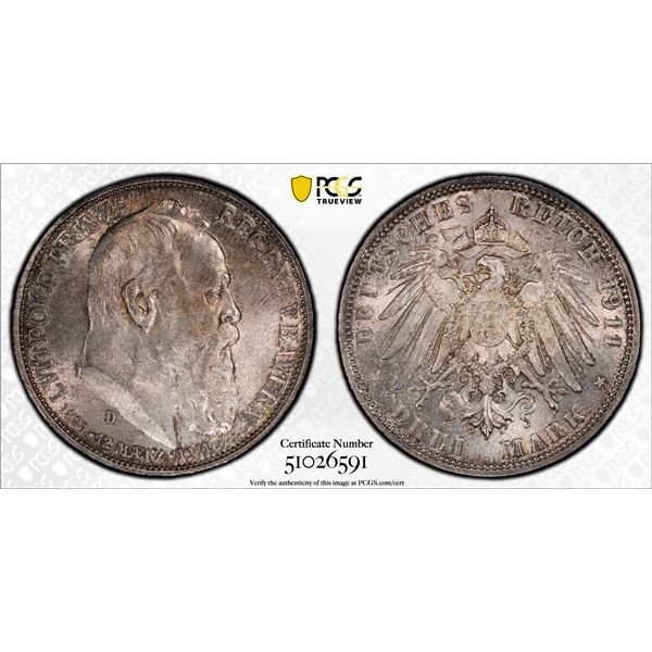 BAVARIA: Otto I, 1886-1913, AR 3 mark, 1911-D, PCGS MS63