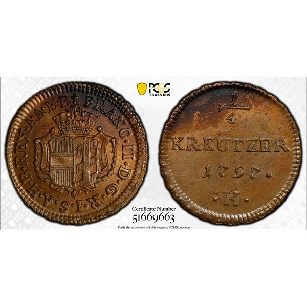 FURTHER AUSTRIA: Franz II, 1792-1805, AE 1/4 kreuzer, Günzburg, 1797-H, PCGS MS62 BN