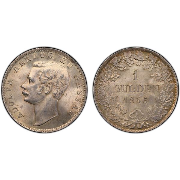 NASSAU: Adolph, 1839-1866, AR gulden, Wiesbaden, 1856, PCGS MS64