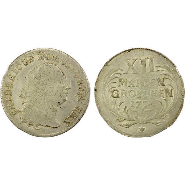 PRUSSIA: Friedrich II, 1740-1786, AR mariengroschen, Dresden, 1758, AU