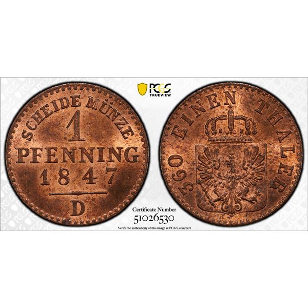 PRUSSIA: Friedrich Wilhelm IV, 1840-1861, AR pfennig, 1847-D, PCGS MS64 RB