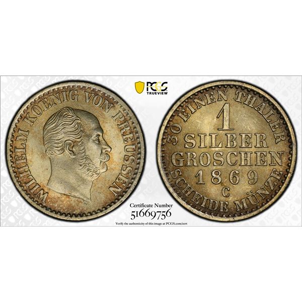 PRUSSIA: Wilhelm I, 1861-1888, AR groschen, Frankfurt, 1869-C, PCGS MS66