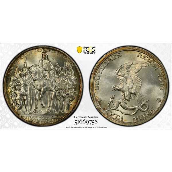 PRUSSIA: Wilhelm II, 1888-1918, AR 2 mark, 1913-A, PCGS MS65