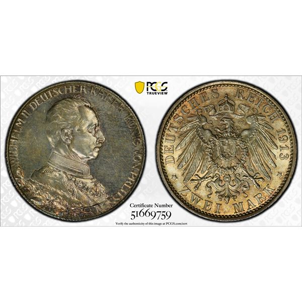 PRUSSIA: Wilhelm II, 1888-1918, AR 2 mark, 1913-A, PCGS MS65
