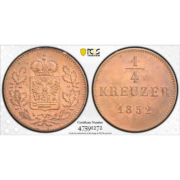 SCHWARZBURG-RUDOLSTADT: Frederick Gunther, 1814-1867, AE ¼ kreuzer, 1852, PCGS MS64 RB