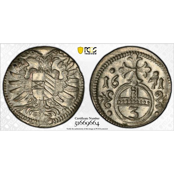 SILESIA: Leopold I, 1657-1705, AR 3 pfennig, Oppeln, 1671, PCGS MS64