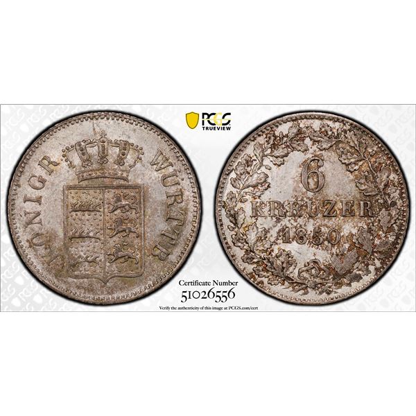 WÜRTTEMBERG: Wilhelm I, 1816-1864, AR 6 kreuzer, 1850, PCGS MS65