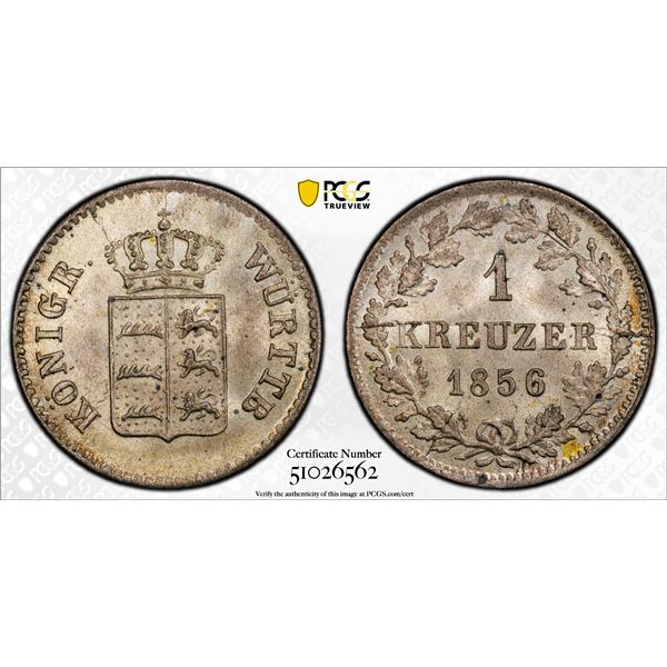 WÜRTTEMBERG: Wilhelm I, 1816-1864, AR kreuzer, 1856, PCGS MS66