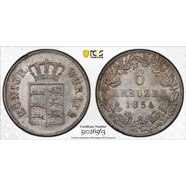 WÜRTTEMBERG: Wilhelm I, 1816-1864, AR kreuzer, 1856, PCGS MS63
