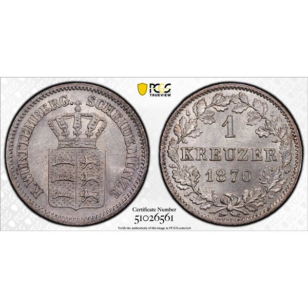 WÜRTTEMBERG: Karl I, 1864-1891, AR kreuzer, 1870, PCGS MS65