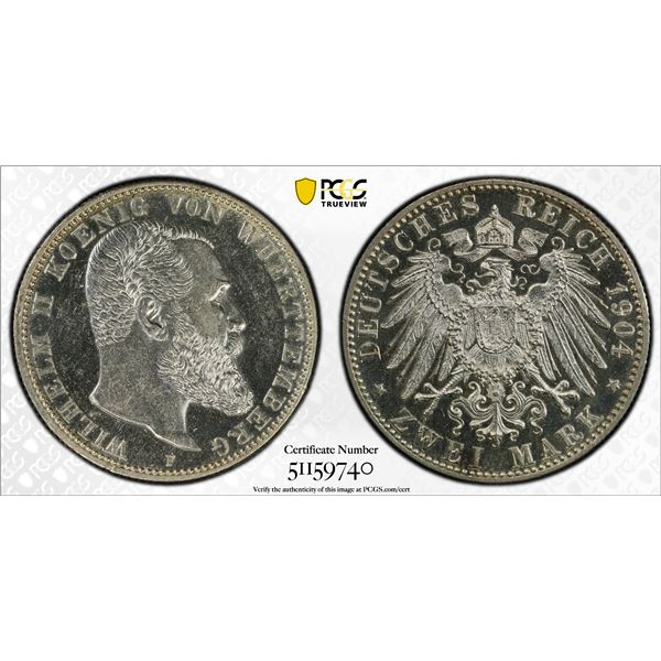 WÜRTTEMBERG: William II, 1891-1918, AR 2 mark, 1904-F, PCGS MS63