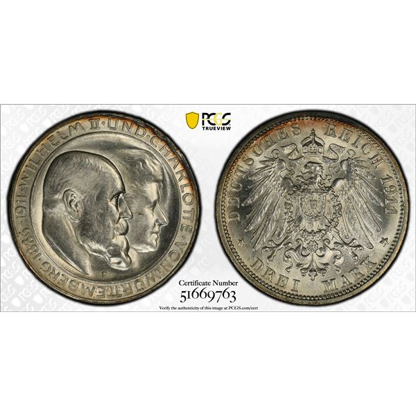 WÜRTTEMBERG: Wilhelm II, 1891-1918, AR 3 mark, 1911-F, PCGS MS64