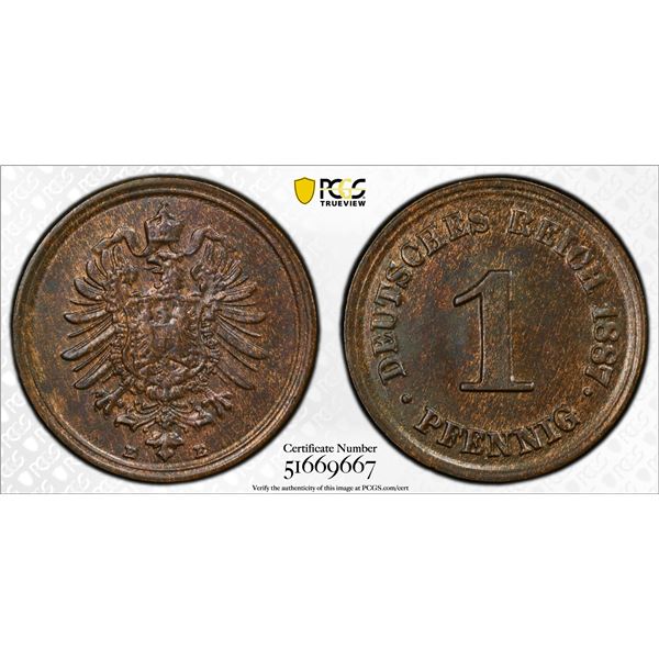 GERMANY: Kaiserreich, AE pfennig, 1887-E, PCGS MS65 BN