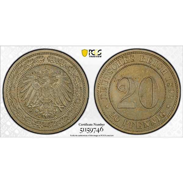 GERMANY: Kaiserreich, 20 pfennig, 1892-A, PCGS MS63