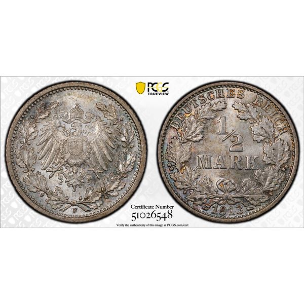 GERMANY: Kaiserreich, AR 1/2 mark, 1913-F, PCGS MS65