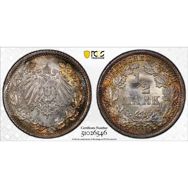 GERMANY: Kaiserreich, AR 1/2 mark, 1915-A, PCGS MS67