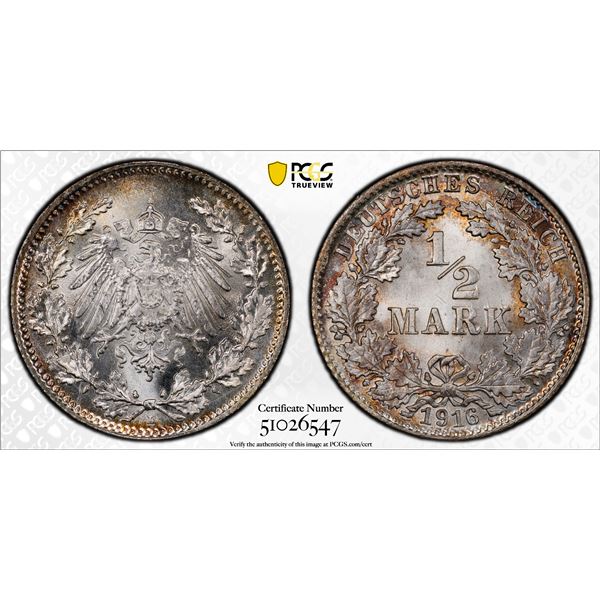 GERMANY: Kaiserreich, AR 1/2 mark, 1916-D, PCGS MS67