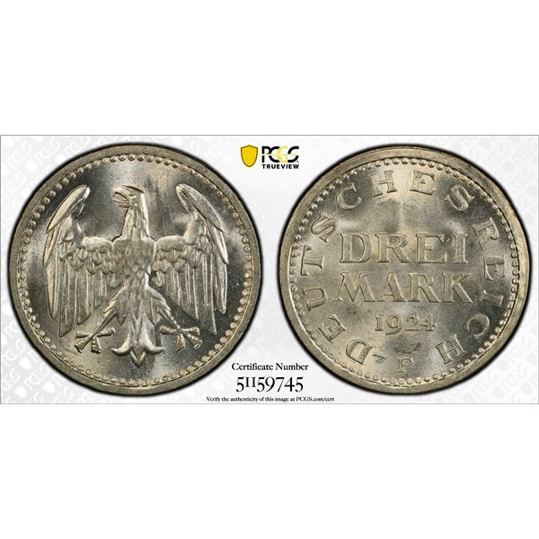 GERMANY: Weimar Republic, AR 3 mark, 1924-F, PCGS MS65