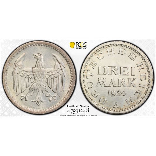 GERMANY: Weimar Republic, AR 3 mark, 1924-A, PCGS MS65