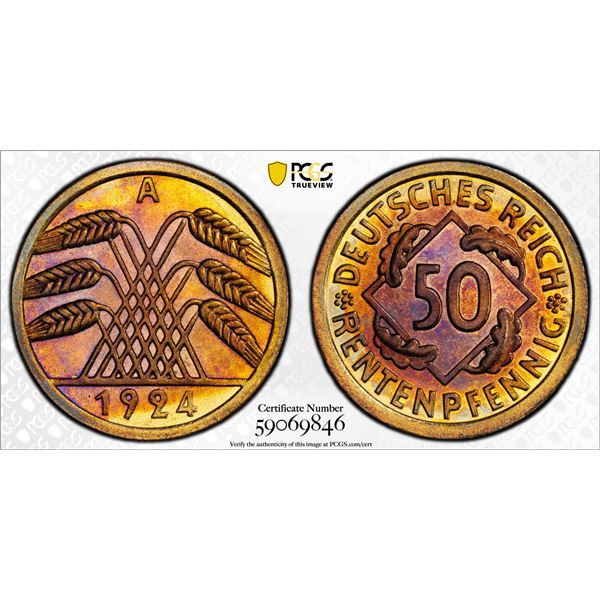 GERMANY: Weimar Republic, AE 50 rentenpfennig, 1924-A, PCGS MS64