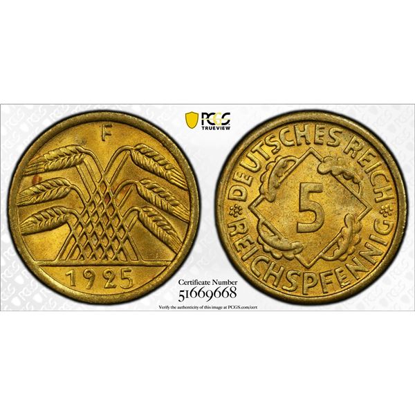 GERMANY: Weimar Republic, 5 reichspfennig, 1925-F, PCGS MS65