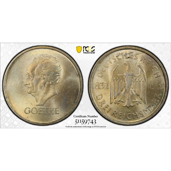 GERMANY: Weimar Republic, AR 3 mark, 1932-D, PCGS MS63