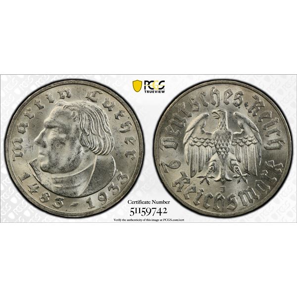 GERMANY: Third Reich, AR 2 mark, 1933-J, PCGS MS63