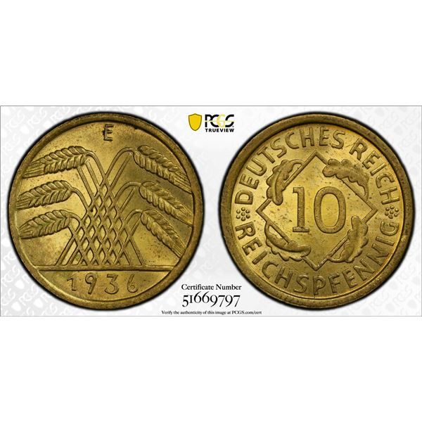 GERMANY: Third Reich, 10 reichspfennig, 1936-E, PCGS MS64