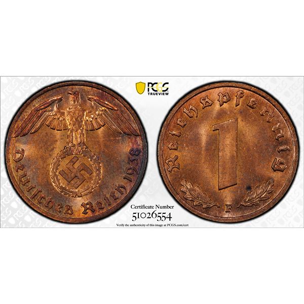 GERMANY: Third Reich, AE reichspfennig, 1938-F, PCGS MS65 RD