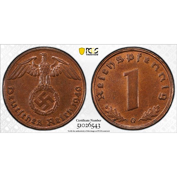 GERMANY: Third Reich, AE reichspfennig, 1940-G, PCGS MS64 BN
