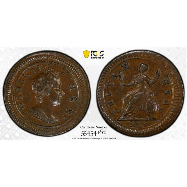 GREAT BRITAIN: George I, 1714-1727, AE farthing (1/4 penny), 1719, PCGS AU58