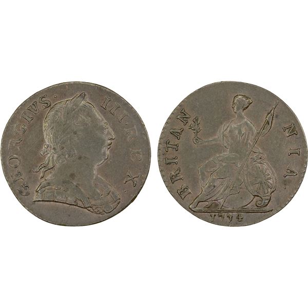 GREAT BRITAIN: George III, 1760-1820, AE halfpenny (9.5g), 1774, Choice XF
