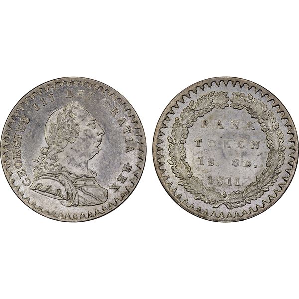 GREAT BRITAIN: George III, 1760-1820, AR eighteenpence token, 1811, Choice AU