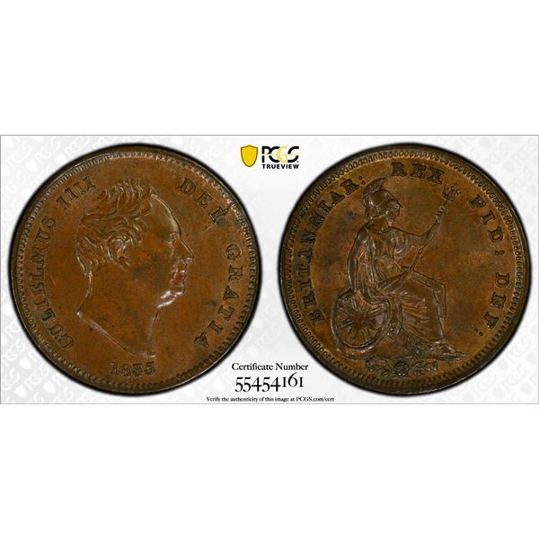 GREAT BRITAIN: William IV, 1830-1837, AE 1/3 farthing, 1835, PCGS MS63 BN