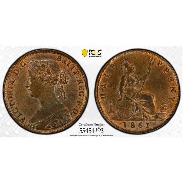 GREAT BRITAIN: Victoria, 1837-1901, AE 1/2 penny, 1861, PCGS AU details