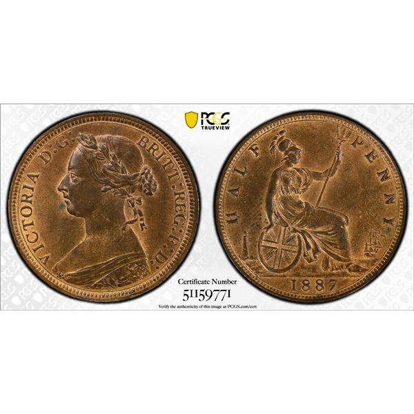 GREAT BRITAIN: Victoria, 1837-1901, AE 1/2 penny, 1887, PCGS MS63 RB