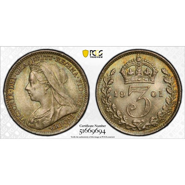 GREAT BRITAIN: Victoria, 1837-1901, AR 3 pence, 1901, PCGS MS65