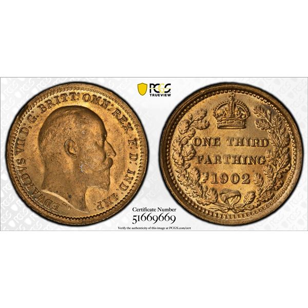 GREAT BRITAIN: Edward VII, 1901-1910, AE 1/3 farthing, 1902, PCGS MS65 RB