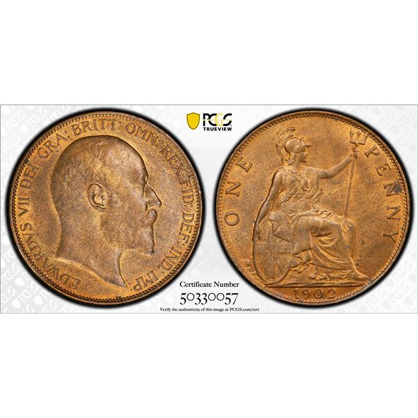 GREAT BRITAIN: Edward VII, 1901-1910, AE penny, 1902, PCGS MS64 RB