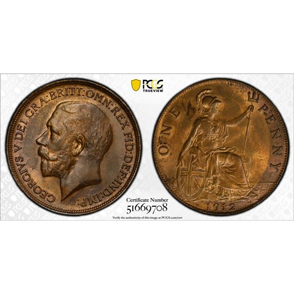 GREAT BRITAIN: George V, 1910-1936, AE penny, 1912-H, PCGS MS64 RB