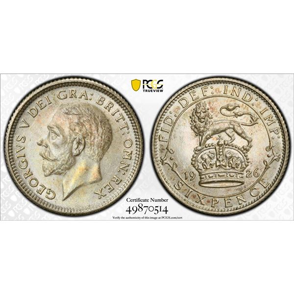 GREAT BRITAIN: George V, 1910-1936, AR 6 pence, 1926, PCGS MS63