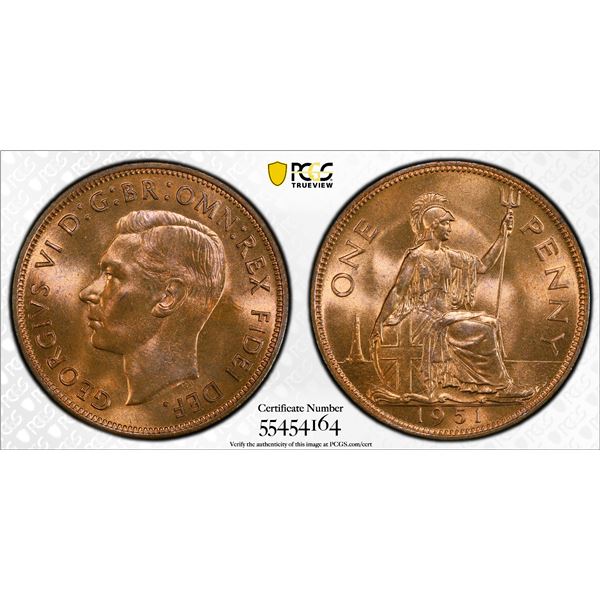 GREAT BRITAIN: George VI, 1936-1952, AE penny, 1951, PCGS MS65 RB
